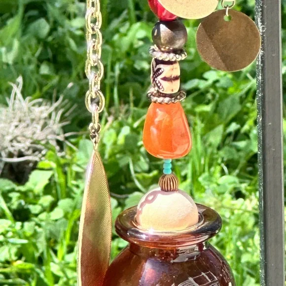 Handcrafted Amber Glass Bottle Wind Chime with Colorful Beads - Picture 5 of 9